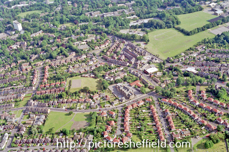 Aerial view of Crookes/Broomhill area. Prominent roads in foreground include Lydgate Lane (including Lydgate School), Forres Road, Headland Drive, Headland Road and Marsh Lane. Roads in background include Tapton Hill Road and Ryegate Road