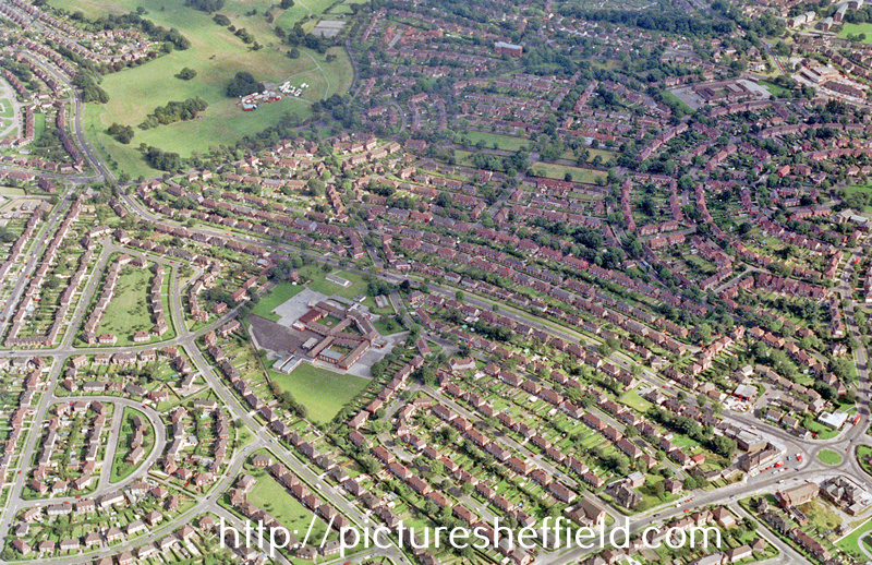 Aerial view of Southey Green/Parson Cross area. Southey Green Primary School, centre. Prominent roads in foreground include Falstaff Road, Symons Crescent, Falstaff Crescent, Launce Road, Southey Green Road and Crowder Avenue