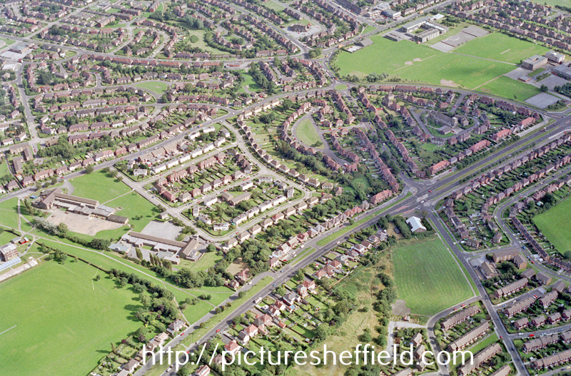 Aerial view of Parson Cross/Foxhill area. Mansell Junior and Infant School, Chaucer Road, left. Halifax Road and Wilcox Road, foreground