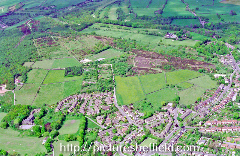 Aerial view of Wadsley area. Rural Lane, right, Coal Pit Lane, Aldene Avenue and Aldene Glade, centre, foreground. Loxley House, bottom, left. Hillsborough Golf Course and Wadsley Common Sports Ground, centre