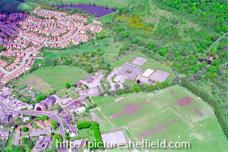 Aerial view of High Green School, Pack Horse Lane, High Green. Mortomley Lane, left.