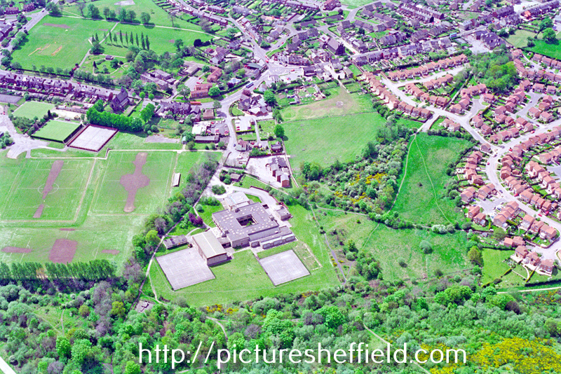 Aerial view of High Green School, Pack Horse Lane, High Green. Mortomley Lane and Wortley Road in background.