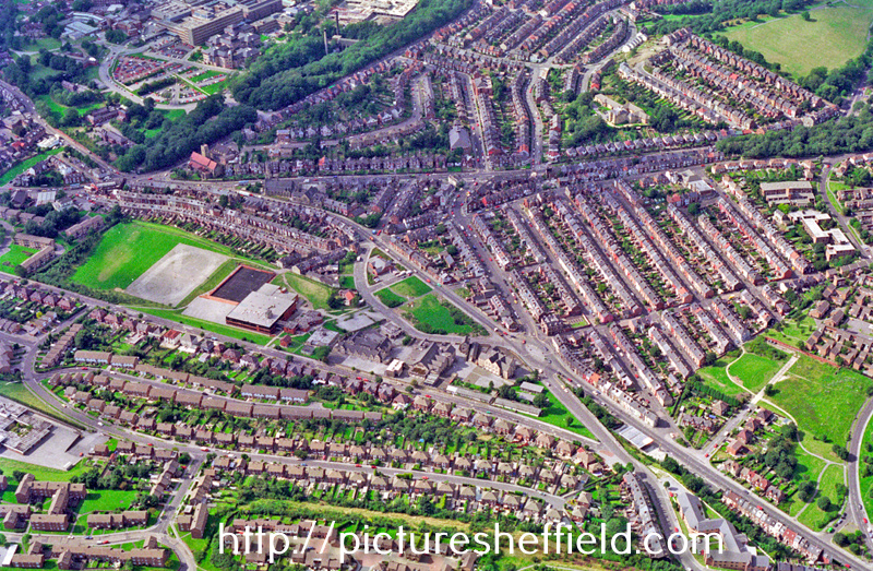 Aerial view Grimesthorpe and Firth Park area. Prominent roads in foreground include Whiteways Road and Earl Marshal Road (including Earl Marshal Campus and Owler Brook Nursery First School). Owler Lane, Rushby Street and Hinde street, right