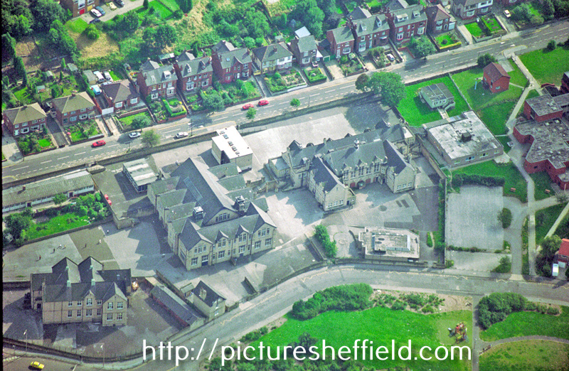 Aerial view of Owler Brook Nursery First School and Earl Marshal Campus, Earl Marshal Road. Owler Lane in foreground