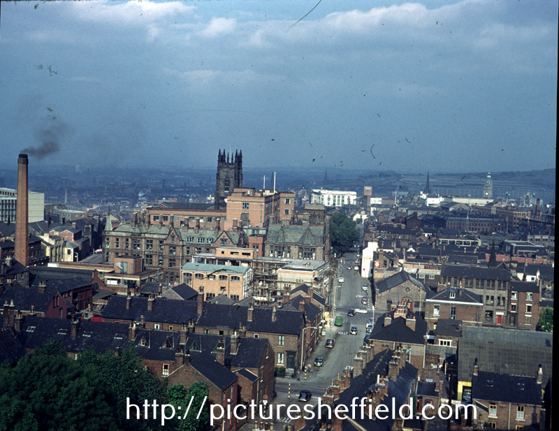 Elevated view from University of Sheffield Arts Tower of Leavygreave Road with Jessop Hospital for Women and St George C. of E. Church (centre)