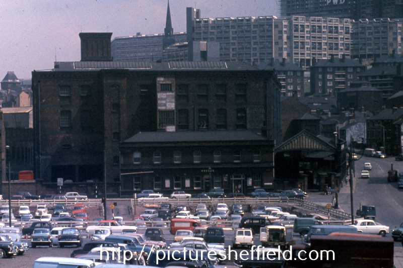 Elevated view of Wharf Street Goods Depot, Wharf Street looking towards Bernard Street Flats and Hyde Park Flats in the background with Broad Street extreme left