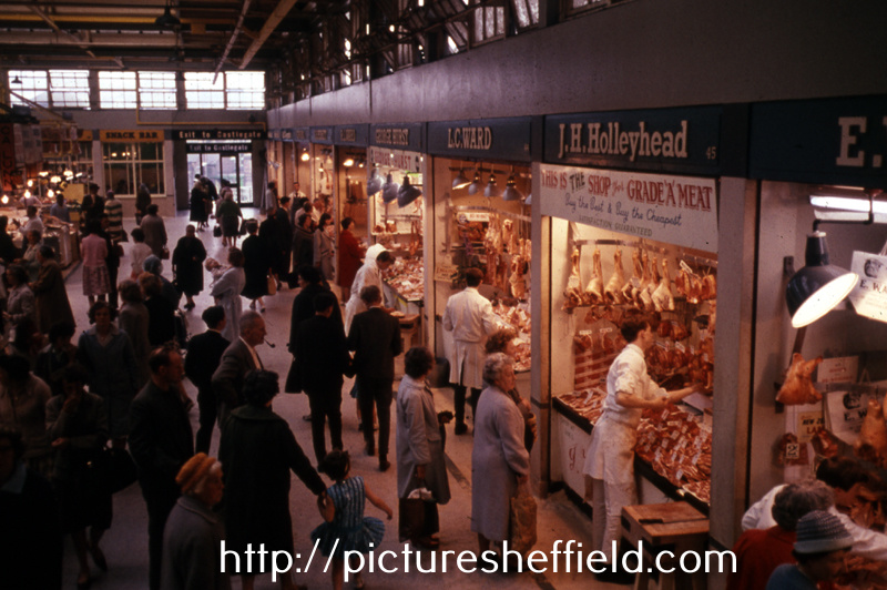 Nos. 45, J.H.Holyhead and 44, L.C. Ward, butchers, Meat and Fish Market, Castle Market looking towards the doorway to Castlegate