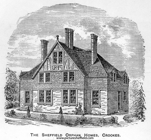 Sheffield Orphan Homes, formerly the Ragged School Orphanage, Lydgate Lane, Cookes. Founded 1848 by Mrs Hoole, who secured a field of 3 acres in the village of Crookes, where 2 homes were built, each for a matron and 20 children. 3rd home built in 18
