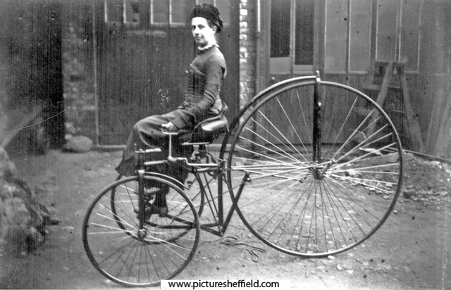Miss Clara Hayball, (Mrs. Keeling), on a velocipede, taken by her father, Arthur Hayball at his wood-carving works on Cavendish Street (Nos 9, 11 and 13)