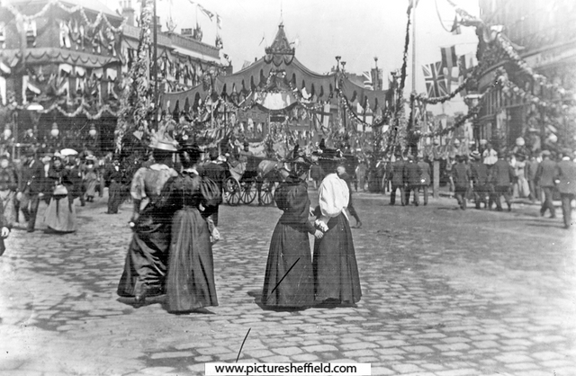 Decorations for royal visit of Queen Victoria, junction of High Street and Fargate
