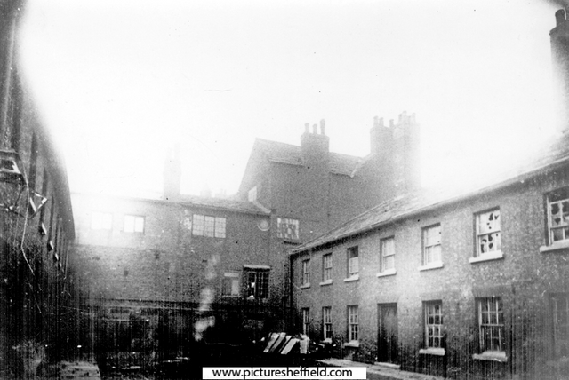 Hollis Hospital looking towards rear of Three Travellers Inn from Bridge Street (buildings on right front Newhall Street)