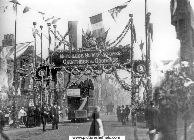 South Street, Moor, decorated for Queen Victoria's visit to officially open the Town Hall