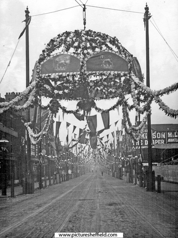 Decorations for Queen Victoria's visit, South Street, Moor at junctions with Earl Street and Rockingham Street