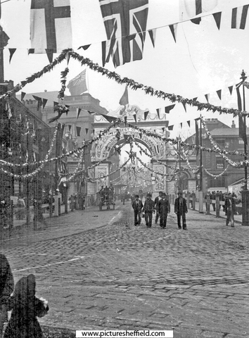 Royal visit of Queen Victoria, decorations in Barkers Pool, Albert Hall on left (with flag)