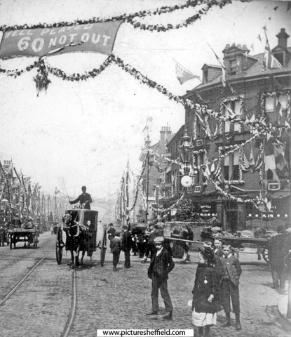 The Wicker at junction with Blonk Street, decorated for the royal visit of Queen Victoria, No. 14 Corner Pin Hotel, right