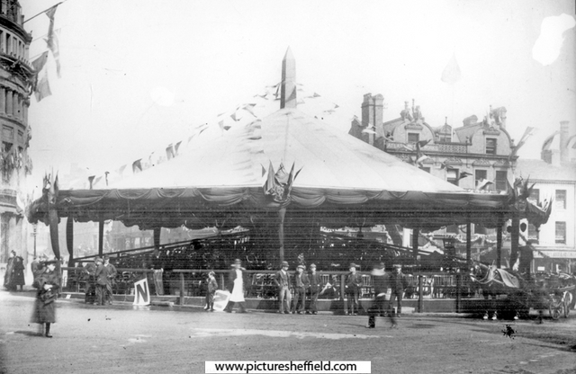 Temporary grandstand in Town Hall Square for the royal visit of Queen Victoria