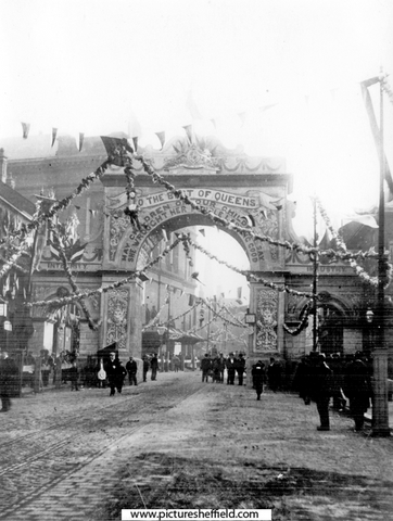 Decorative arch in Barkers Pool for royal visit of Queen Victoria, Albert Hall in background