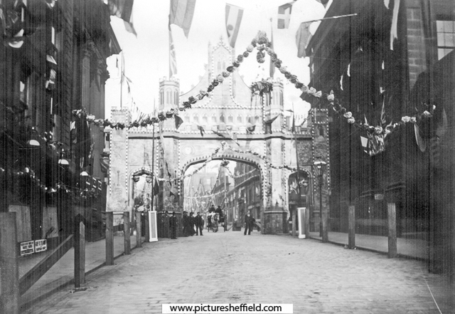 Queen Victoria's visit to Sheffield. Decorative arch on Commercial Street looking towards High Street