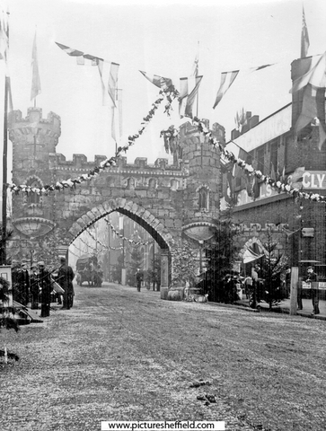 Queen Victoria's visit to Sheffield, decorations on Blonk Street, Samuel Osborn and Co. Ltd., Clyde Steel Works, right