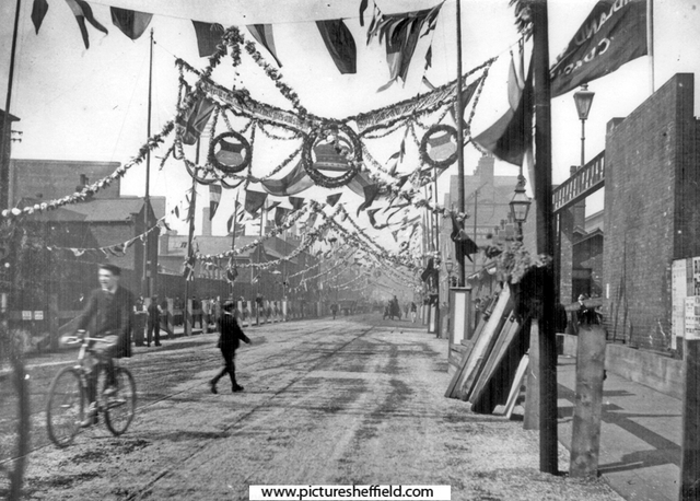 Wicker Goods Station, Savile Street, decorated for royal visit of Queen Victoria