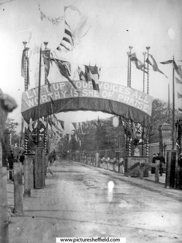 Decorative arch on route to Norfolk Park via South Street and Broad Street, for the royal visit of Queen Victoria