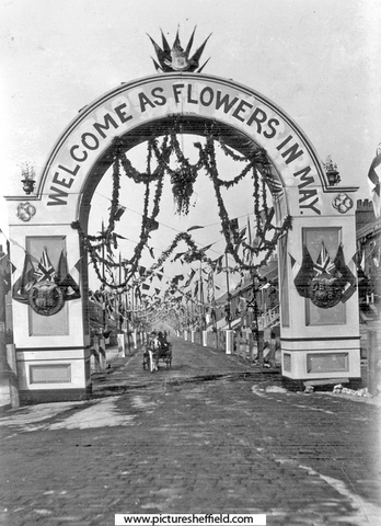 Decorative arch at end of St. Mary's Road, leading to Granville Road and Norfolk Park for the royal visit of Queen Victoria, (photographed looking down St. Mary's Road)