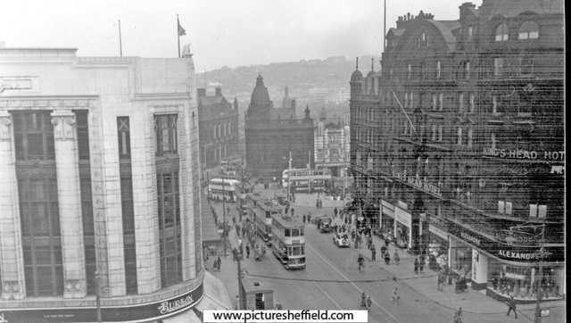 Elevated view of High Street looking towards Commercial Street, Nos. 51 - 55 Burton Montague Ltd., tailors, left, Nos. 80 - 84 Alexandre Ltd., tailors, King's Head Hotel and Marples Hotel, right