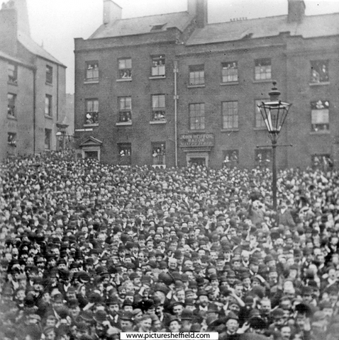 Paradise Square, mass political meeting, from the balcony of the Middle Class School. Properties in background include No 1, House of Help for Girls and Young Women, No 3, John Heiffor, razor manufacturer