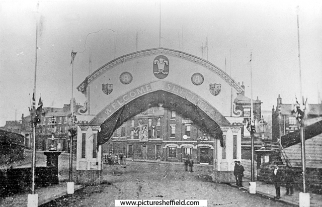 Decorative arch for the royal visit of Prince and Princess of Wales, Victoria Station Road looking towards Exchange Street