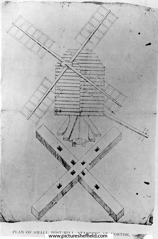 Plan of small post-mill, standing at Norton, the book 'Chantreyland', by Harold Armitage refers to a windmill which stood on the hill-top at the Herdings, which resulted in a lawsuit, during the reign of Elizabeth