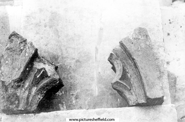 Sheffield Castle excavations recorded by J.B. Himsworth. Pieces of window tracery found in cleaning out part of the moat ( a rather yellow stone, possibly Magnesium Limestone)