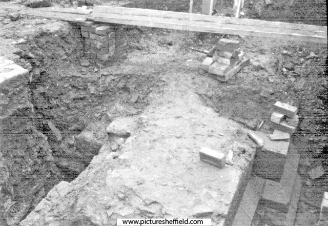 Sheffield Castle excavations recorded by J.B. Himsworth. Ruins of Courtyard buildings (walls and plinth), uncovered on Market Site