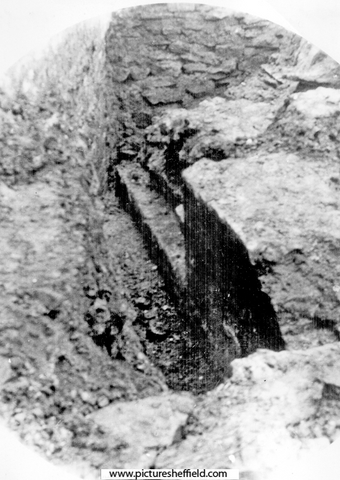 Sheffield Castle excavations recorded by J.B. Himsworth. Foundations for market revealing masonry which developed into remains of a stone vaulted room or dungeon