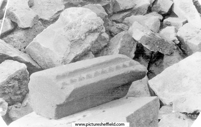 Sheffield Castle excavations recorded by J.B. Himsworth. Piece of dog tooth moulding, beautifully worked in coarse yellow sandstone