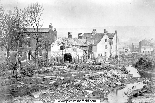 Sheffield Flood, Damage at the head of Bacon Island (formed by the River Don dividing into two branches), House on left, is 'The Grove', off Low Road, (named as a Boarding School in the book, 'Photographs of the Sheffield Flood'). Goit, right