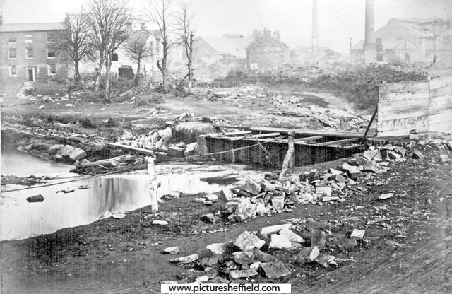 Sheffield Flood, Remains of the 'Shuttle House', residence of James Sharman, head of Bacon Island (formed by the River Don dividing into two branches), House in background, left, is 'The Grove'