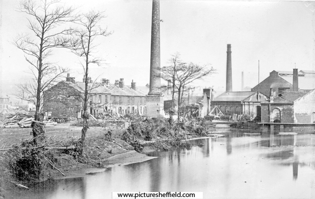 Sheffield Flood. Damage at William and Samuel Butcher, steel tilters and rollers, Philadelphia Steel Works, Bacon Island
