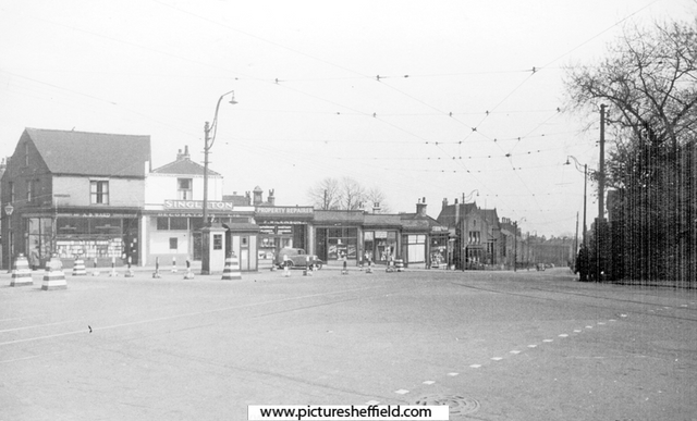 Hounsfield Road at junction with Leavygreave and Brook Hill (extreme left), No. 1a Leavygreave, Alan B. Ward, bookseller, No. 1 Singleton Decorators Ltd., painters and decorators and No. 5 F. Wilkinson, plumber