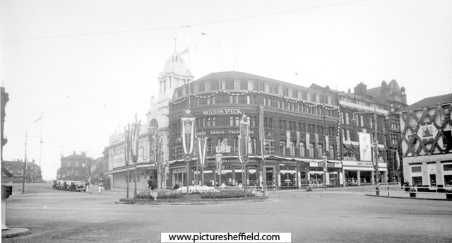 Town Hall Square (decorated for Coronation of Queen Elizabeth II), looking towards Wilson Peck, Barker's Pool including Cinema House, left. Leopold Street, right