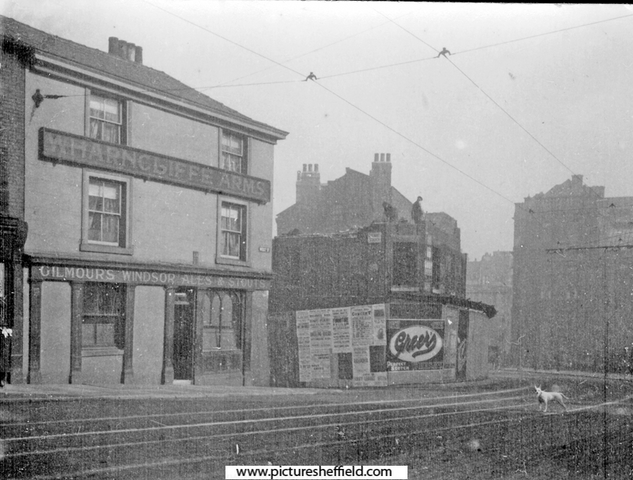West Street looking towards demolition of buildings on Bow Street. Wharncliffe Arms, No 42 and 44, West Street, left