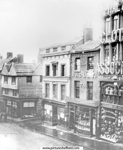 Nos. 72-80 Market Place, High Street, (corner with Change Alley), No. 74 George Thomas Wilkinson Newsholme, chemist, No. 76 W.F. Rodgers Ltd., printers, Nos. 78-80 John Wheeldon and Co, manufacturers of leather bands
