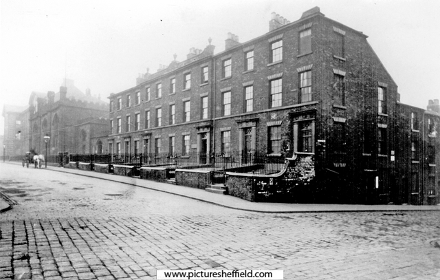 St. George's Square from corner of Portobello Street, Firth College, Sheffield Technical School, in background (previously the Grammar School), this road was later renamed Charlotte Street, and later Mappin Street