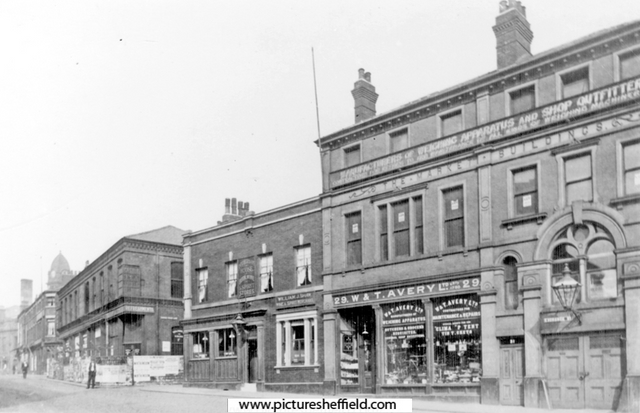 Exchange Street, premises include No. 27 Rotherham House public house, No. 29 W. and T. Avery Ltd., weighing machines manufacturers, The Market Buildings