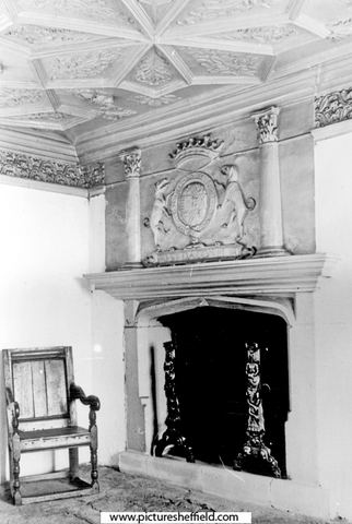 Queen Mary's room in the Turret Lodge at Sheffield Manor House, Manor Park. The Shrewsburys Coat of Arms are carved over the fireplace