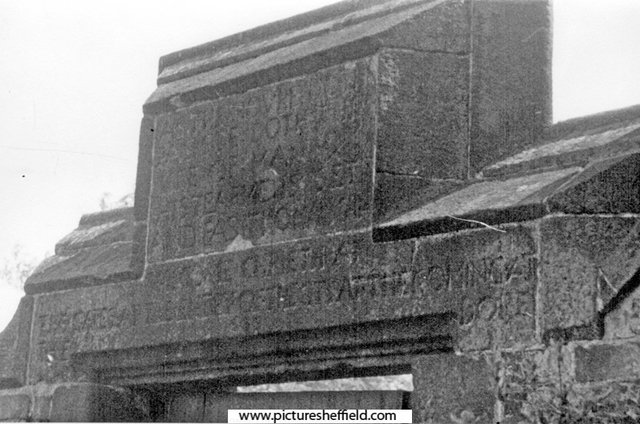 Stone inscription at Barnes Hall, off Elliott Lane, Chapeltown. Reads; 'As the hovre doth pas, so doth the life of man. His tearme is set and pas it no man can. Wisdome crieth at the gates at the entry of the city at the coming in at the dore.'
