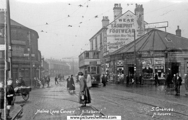 Streetscene looking down Middlewood Road, showing W. Bush, wholesale provision merchant, No. 198/200, Bradfield Road (right) and the Hillsborough Inn, 2 Holme Lane (left)