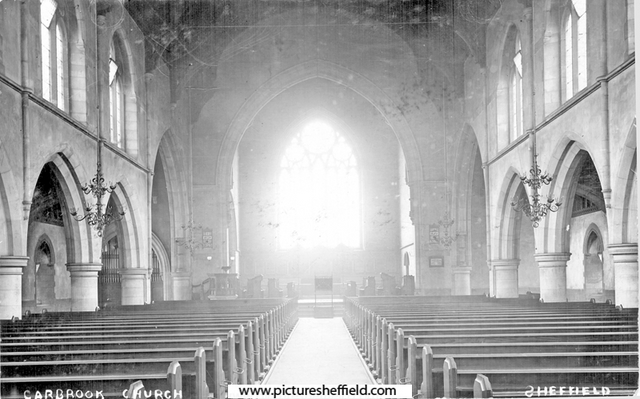 Interior of St. Bartholomew's, Church, Attercliffe Common, Carbrook. The first stone was laid by the Archbishop Thompson, 21st April, 1890. Consecrated October 14th, 1891 by the Archbishop Maclagan