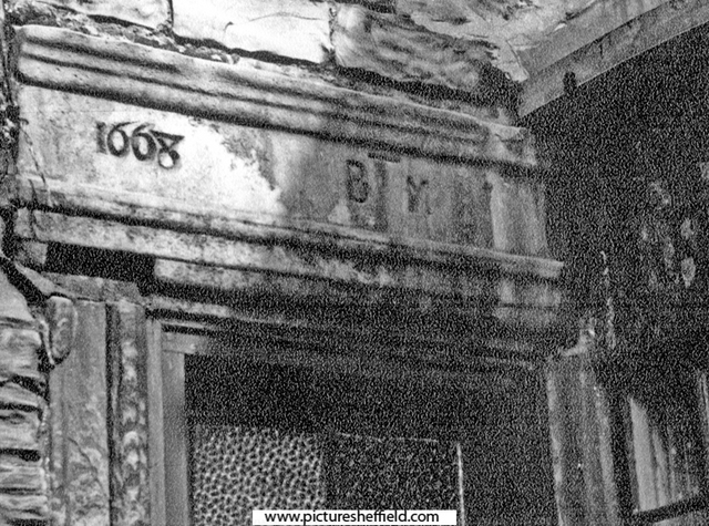 Old Hall Farm, No 320, Richmond Road, showing date over back door, 1668. At the time of this photograph owned by Sheffield Corporation and occupied by a Mrs. Bell. Built on site of a 14th century house. Demolished 1966