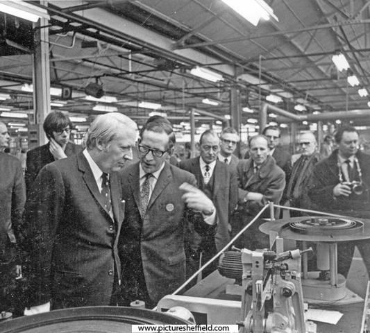 Prime Minister, Edward Heath is shown around the works during his visit to Firth Brown Tools Ltd., Speedicut Works, Carlisle Street East with Tom Burleigh (2nd right of Prime Minister), chairman of Firth Brown Tools and Master Cutler