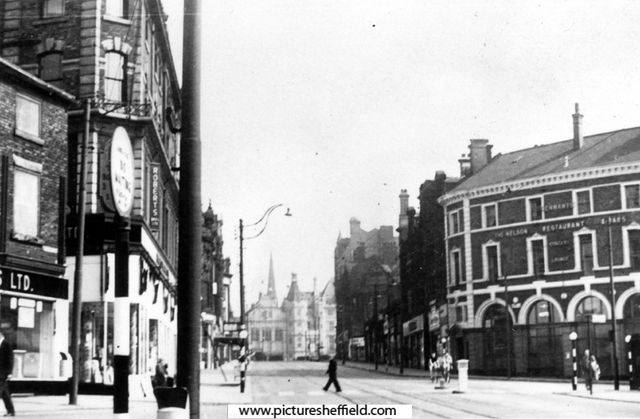 Pinstone Street from the Nelson Hotel, Moorhead looking towards the Town Hall 